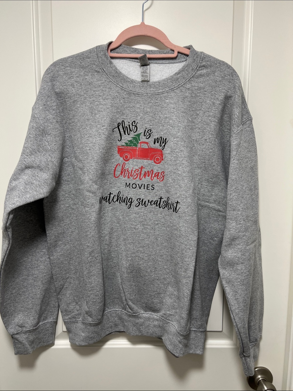 Gildan Gray Sweatshirt with Red Truck and Green Tree Graphic